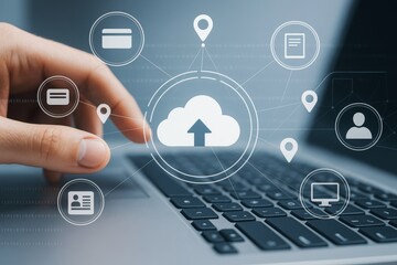 Wall Mural - cloud computing interface with user hand interacting on laptop keyboard, digital icons representing 