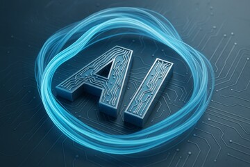 Wall Mural - futuristic ai typography with circuit pattern and glowing blue light swirl on digital technology bac