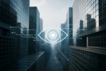 Wall Mural - futuristic digital eye interface over modern glass skyscrapers background symbolizing surveillance t