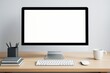 © Pixels Hunter - Minimal desktop setup with blank computer screen on light wood desk for mockup or design template in clean workspace background concept.