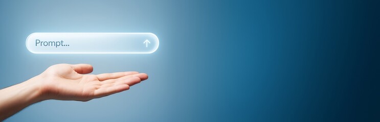 Wall Mural - human hand holding glowing search bar with prompt text on blue gradient background, symbolizing futu
