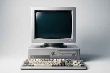 Wall Mural - retro desktop computer with crt screen and keyboard on light background, minimalist style for banner