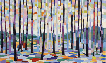 Wall Mural - abstract forest painting colorful trees geometric patterns nature art