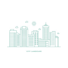 Wall Mural - Cityscape. Modern flat line landscape vector. City landscape line art illustration with building, tower, skyscrapers. Vector illustration.