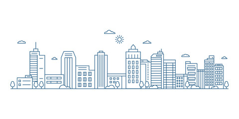 Wall Mural - Cityscape. Modern flat line landscape vector. City landscape line art illustration with building, tower, skyscrapers. Vector illustration.