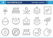 © Parbat - A set of line icons related to Waterproof. Water, fabric, cloth, umbrella, and so on. Vector editable stroke.