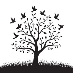 birds flying from a tree silhouette