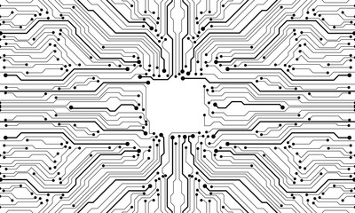Abstract black circuit board technology connected lines electronics elements computer motherboard chip processor semiconductor digital on white background vector