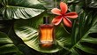 © zeni - Amber perfume bottle rests on lush green leaves, with vibrant coral flower