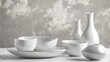 © Juan - White porcelain tableware set on table clean minimal modern kitchen dining elegant monochrome presentation