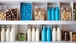 © Juan - Grocery shelf filled with milk bottles cereals dry food pantry items nutrition kitchen background storage