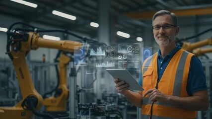 Industrial Engineer Interacting with Holographic Data on Tablet in Modern Smart Factory with Robotic Arms, Monitoring Automated Production and Efficiency.