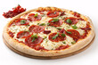 © Wachiraya - Pepperoni pizza with melted mozzarella and fresh basil on wooden cutting board, cherry tomatoes visible in background corner.