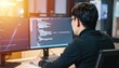 © WutStock02 - A focused man sits at his modern desk, surrounded by two large monitors displaying vibrant graphs and data, with a coffee mug and notepad nearby.