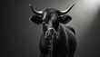 © Viktor - Black, white photo of bull with horns speaking into vintage microphone. Powerful animal faces camera directly with intense eyes. Dramatic lighting, dark, minimalist background emphasize bull