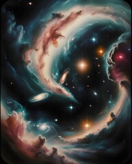 Wall Mural - Swirling clouds of gas and dust create a cosmic dance in the depths of space. Bright stars punctuate the scene, casting a warm glow through the undulating mist.