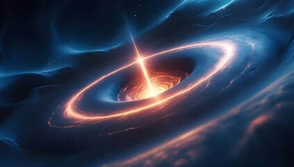 Wall Mural - Mystical Cosmic Vortex. A mesmerizing cosmic scene captures a glowing vortex surrounded by swirling blue and black hues. The central light beam, radiating warmth and energy