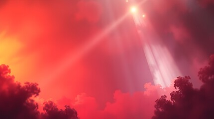 Wall Mural - Ethereal Light Breaking Through Clouds. Bright beams of light pierce through a vibrant red sky, casting an ethereal glow over the surrounding clouds. 