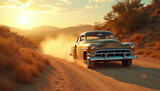 Golden vintage car drives dusty country road during sunrise. Warm light illuminates the scenic landscape, creating a sense of adventure and freedom. Classic automobile on dirt path, motion blur.