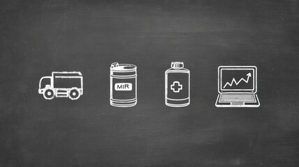 Illustrated icons delivery truck, medicine bottles, and laptop with upward graph on dark background