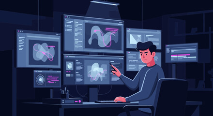 Man Working On Multiple Screens In A Dark Room At Night