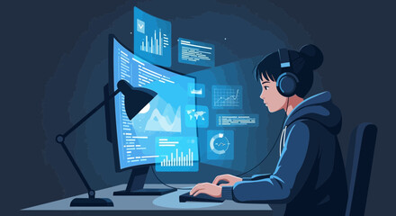 Young Woman Coding Late At Night In Her Home Office