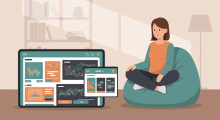 Woman Relaxing At Home While Working On Digital UX Interface