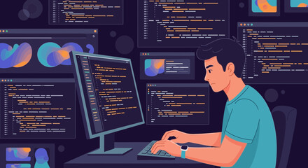 Programmer Working On Computer Coding At Night Illustration