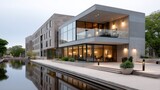 Modern building with patio overlooking canal