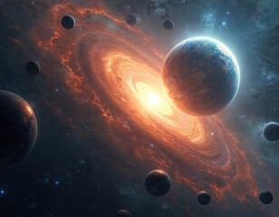 Wall Mural - Vibrant spiral galaxy with planets in deep space. Cosmic scene features nebulae, stars, and a glowing sun. Orbits and celestial bodies create a sense of vastness and scientific exploration.