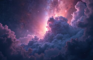 Wall Mural - Vibrant cosmic clouds with stars fill frame, displaying dazzling mix of pink, purple, blue hues. Celestial scene captures immense beauty of space, with glowing nebulae, distant stars creating sense