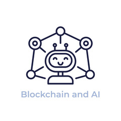 Blockchain and AI line icon on white