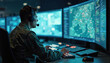 © Viktor - Military personnel in control room monitors tactical data on screens. Soldier wearing headset operates simulation technology, analyzing mission strategy, coordinating operations in modern defense