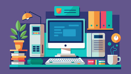 Vector art of modern flat illustration of a computer desk setup with monitor, keyboard, plant, and files, representing a productive digital workspace and technology