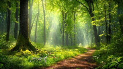  Sunlight streams through lush forest path