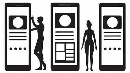 Silhouetted figures interacting with mobile interfaces displaying various content layouts and design elements