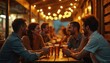 © Viktor - Friends enjoy drinks, conversation at lively pub during evening hours. People laugh, smile sitting at table, sharing casual dining experience. Warm string lights create festive atmosphere for social