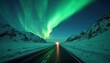© Viktor - Emerald aurora borealis illuminates snow-covered road through dark arctic landscape. Mountains flank the journey. Car headlights pierce night. Witness celestial dance in polar region.