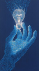 Wall Mural - stylized hand holds glowing lightbulb, symbolizing ideas, innovation, and creativity. dark blue back