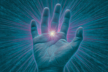 Wall Mural - teal hand, stylized texture, radiant light emanating from palm, symbolizing energy, power, or spirit