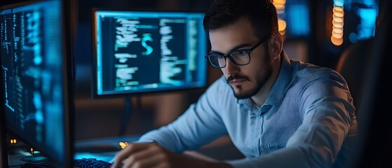 A focused man working intently on computer programming, surrounded by multiple screens displaying code