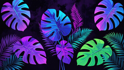 Wall Mural - Tropical leaves against dark background vibrant neon colors