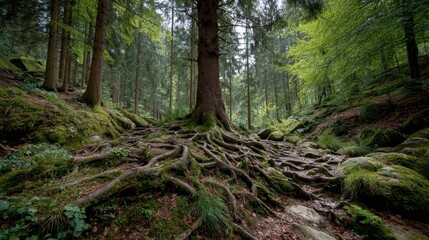 Wall Mural - a large tree's roots spread through the forest floor, covered with moss. use this to visualize natur
