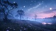 © Pragmatic Earth - Serene starry night landscape with glowing stream, floral meadow, peaceful atmosphere, pathway, and misty trees under the moonlit sky.