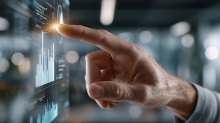 a person's hand interacting with a glowing, transparent touch screen in a futuristic office
