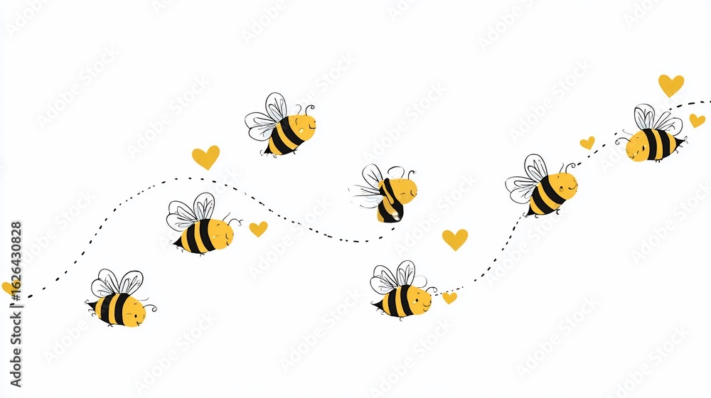 Cute cartoon bees flying in a wavy path, dotted lines, and little ...