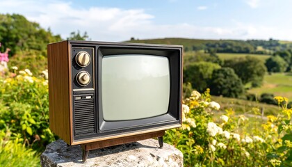 Vintage TV in a scenic landscape
