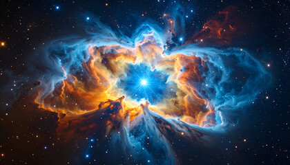 Wall Mural - cosmic nebula with bright star at center glowing in blue and orange clouds, creating vibrant and dyn