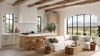 © Cheewynn - Bright, modern farmhouse kitchen and living room with wood beams, large windows, and scenic mountain views, featuring light neutral decor and cozy seating
