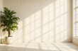 © Maryna - Serene indoor setting with beige wall, large window. Green plant in white pot, small table in front, gray surface. Soft sunlight streaming through curtain. Minimalist decor, calming atmosphere,